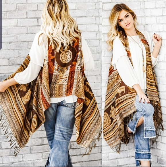 Threadzwear Jackets & Blazers - Last 1! Pashmina fringed Aztec print khaki vest